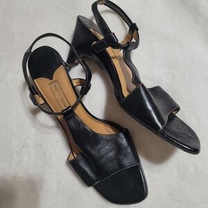 Nordstrom Leather Sandals Womens 7.5 Slip On Heels Black Peep‎